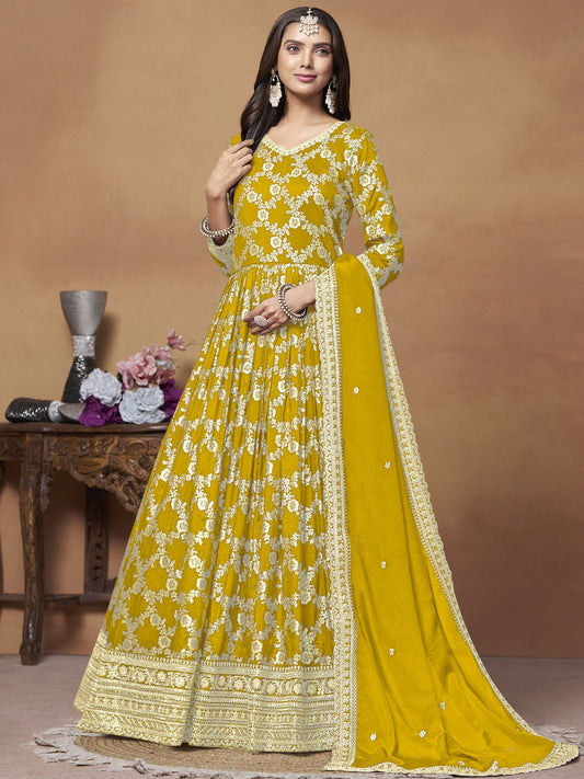 Mustard Dola Jacquard Festive Anarkali Suit