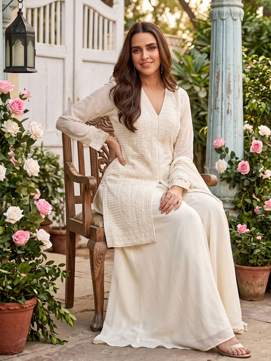 Beads Embroidered Work White Wedding Palazzo Dress