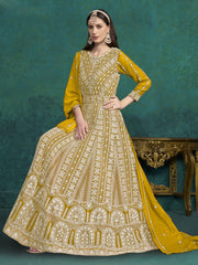 Yellow Lucknowi Embroidery Kalidar Anarkali Suit