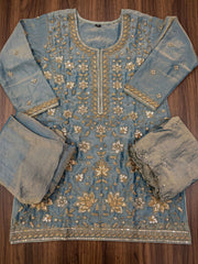 Blue Green Fancy Moss Fabric Palazzo Style Dress