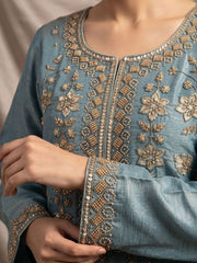 Blue Green Fancy Moss Fabric Palazzo Style Dress