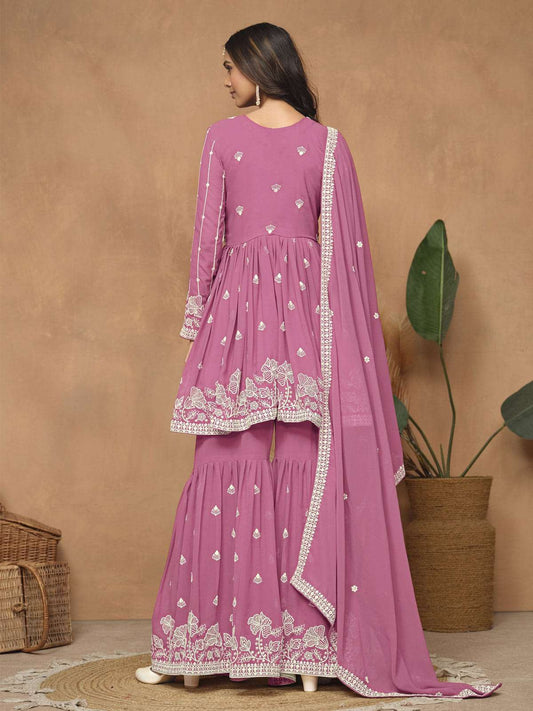 Flamingo Pink Embroidered Gharara Suit