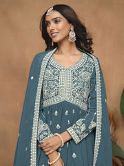 Teal Blue Embroidered Gharara Suit