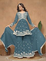 Teal Blue Embroidered Gharara Suit