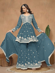 Teal Blue Embroidered Gharara Suit