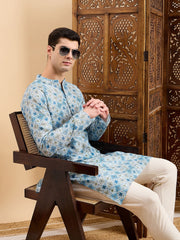 Blue Ethnic Motifs Printed Mandarin Collar Straight Kurta