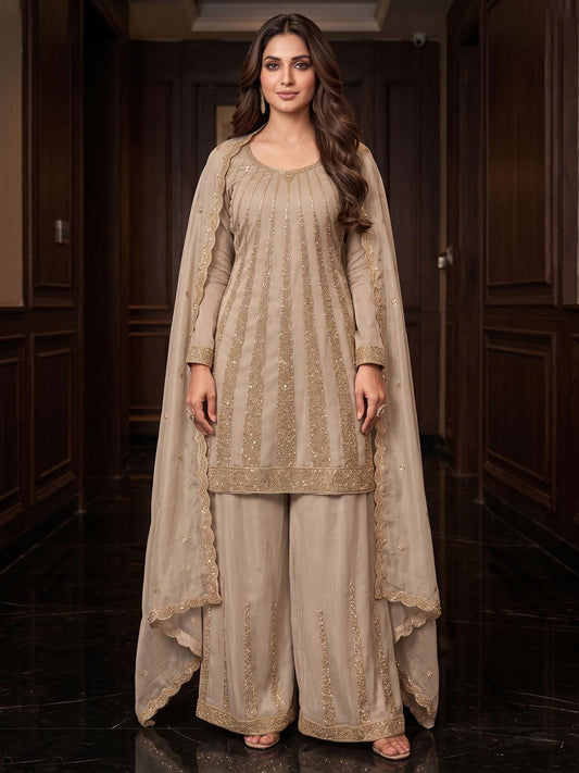 Champagne Gold Handwork Embroidered Palazzo Suit