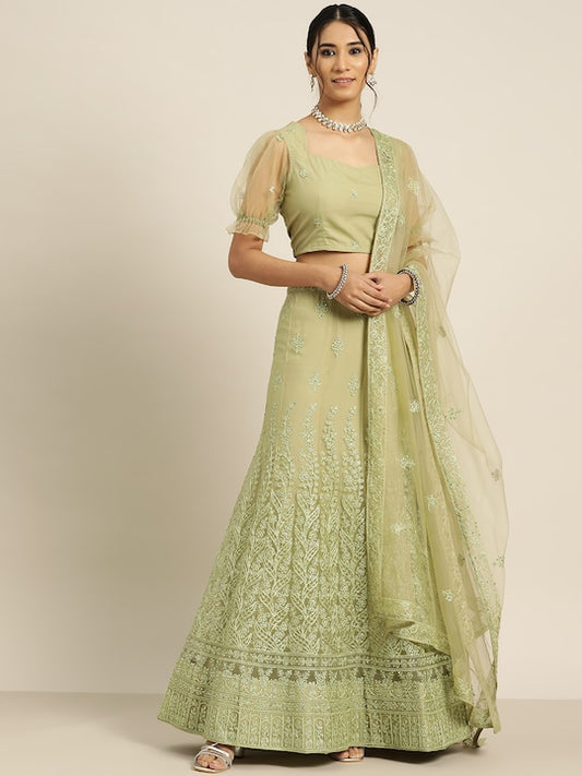 Green Embroidered Beads and Stones Semi-Stitched Lehenga & Unstitched Blouse With Dupatta