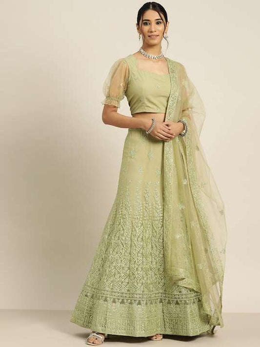 Green Embroidered Beads and Stones Semi-Stitched Lehenga & Unstitched Blouse With Dupatta