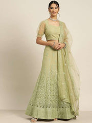 Green Embroidered Beads and Stones Semi-Stitched Lehenga & Unstitched Blouse With Dupatta