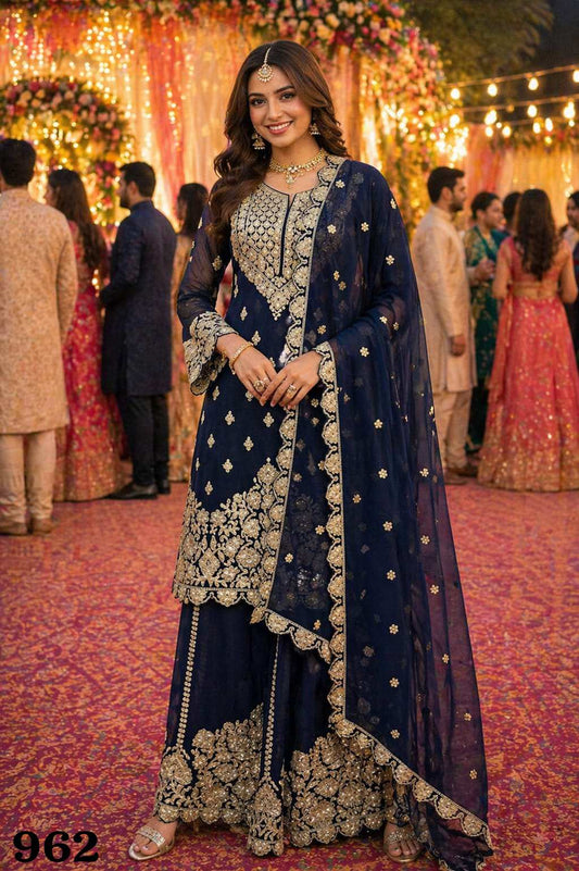 Gorgeous Navy Blue Georgette Suit Set for Wedding and Festive Wear