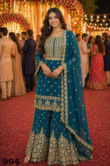 Designer Wedding Wear Teal Heavy Work Sharara Suit for Women