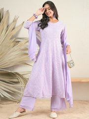 Women Lavender Floral Embroidered Regular Thread Work Kurta with Palazzos & With Dupatta