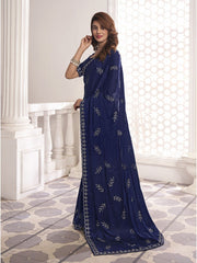 Navy Blue Embellished Beads and Stones Satin Saree