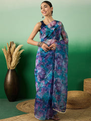Blue Floral Digital Printed Organza Saree