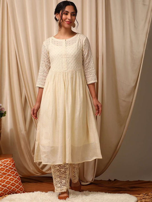 Off White Women Gotta Patti Anarkali Kurta