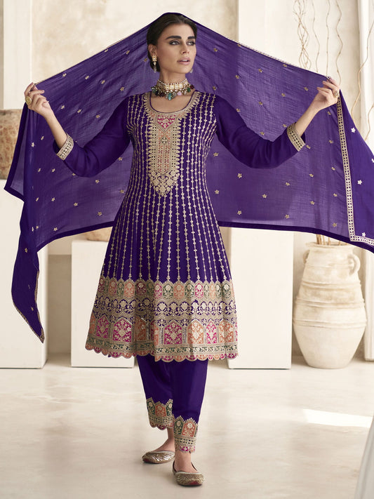 Purple Multi Embroidery Anarkali Dhoti Pant Suit
