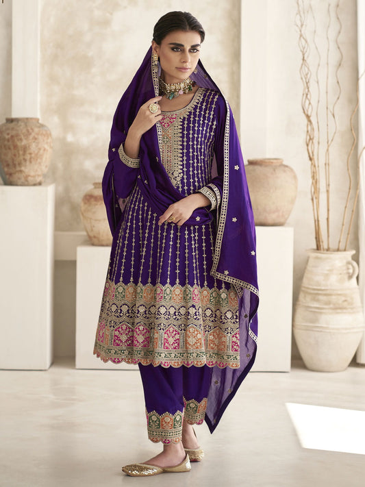 Purple Multi Embroidery Anarkali Dhoti Pant Suit