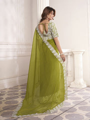 Green And White Embroidered Organza Saree