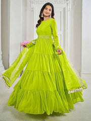 Green Gotta Patti Belted Georgette Fit & Flare Ethnic Dress & Dupatta
