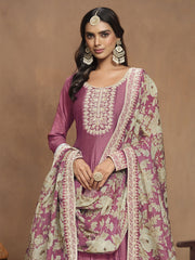 Onion Pink Art Silk Embroidered Wedding Anarkali Gown With Dupatta
