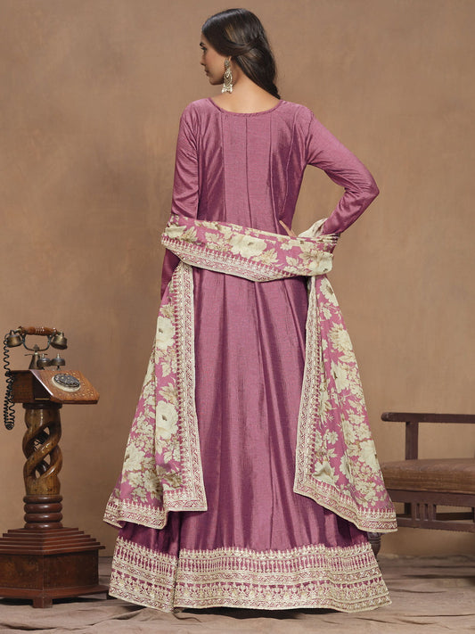 Onion Pink Art Silk Embroidered Wedding Anarkali Gown With Dupatta