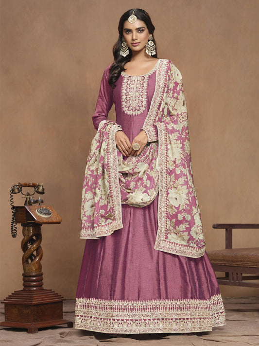 Onion Pink Art Silk Embroidered Wedding Anarkali Gown With Dupatta