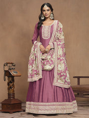 Onion Pink Art Silk Embroidered Wedding Anarkali Gown With Dupatta