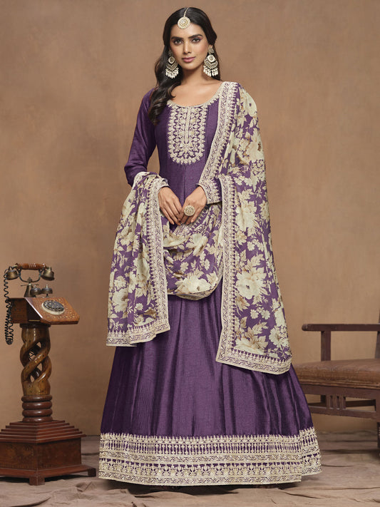 Purple Embroidered Anarkali Suit In Art Silk