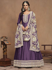 Purple Embroidered Anarkali Suit In Art Silk