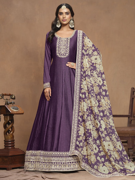 Purple Embroidered Anarkali Suit In Art Silk
