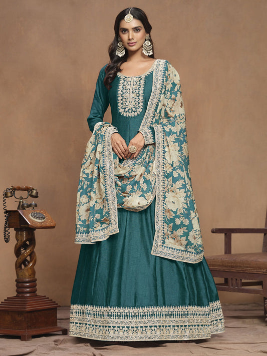 Teal Green Art Silk Anarkali Suit Set