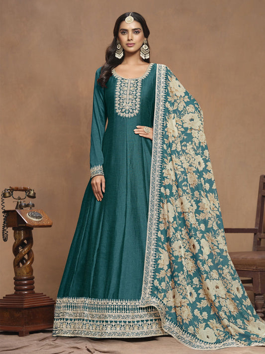 Teal Green Art Silk Anarkali Suit Set