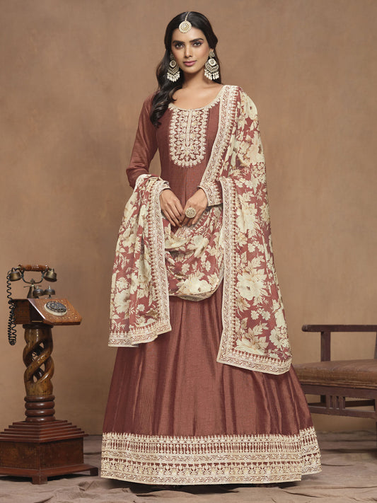 Brown Art Silk Anarkali Suit In Embroidery