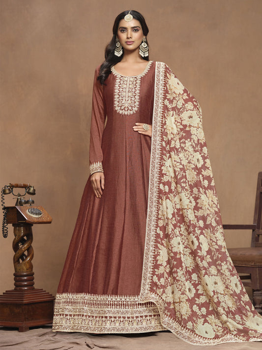 Brown Art Silk Anarkali Suit In Embroidery