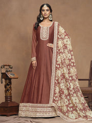 Brown Art Silk Anarkali Suit In Embroidery