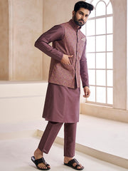 Mauve embroidered woven nehru jacket