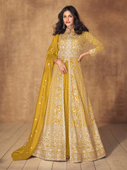 Yellow Slit Style Embroidered Lehenga Anarkali Suit