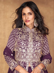 Purple Slit Style Embroidered Lehenga Anarkali Suit