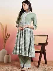 Green V-Neck Floral Embroidered Chikankari Pure Cotton Anarkali Kurta with Palazzos