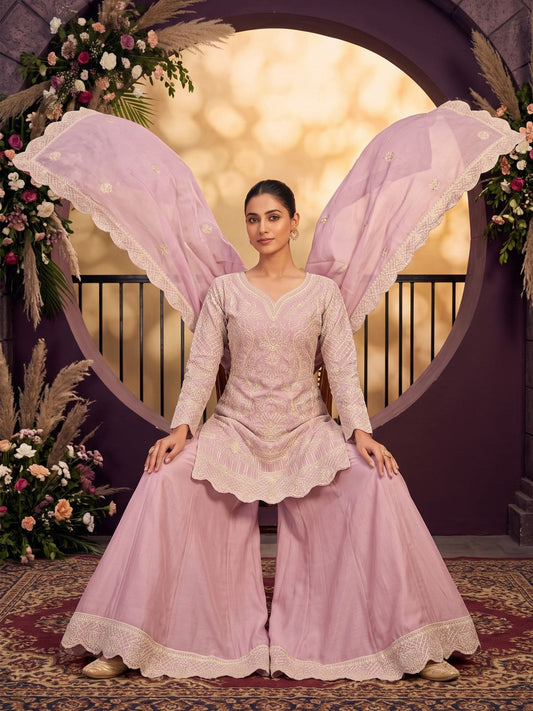 Baby Pink Chinon Ribbon Work Palazzo Suit