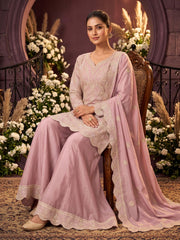 Baby Pink Chinon Ribbon Work Palazzo Suit