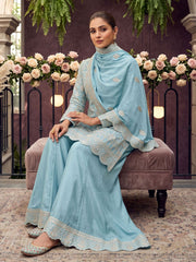 Sku Blue Chinon Ribbon Work Palazzo Suit