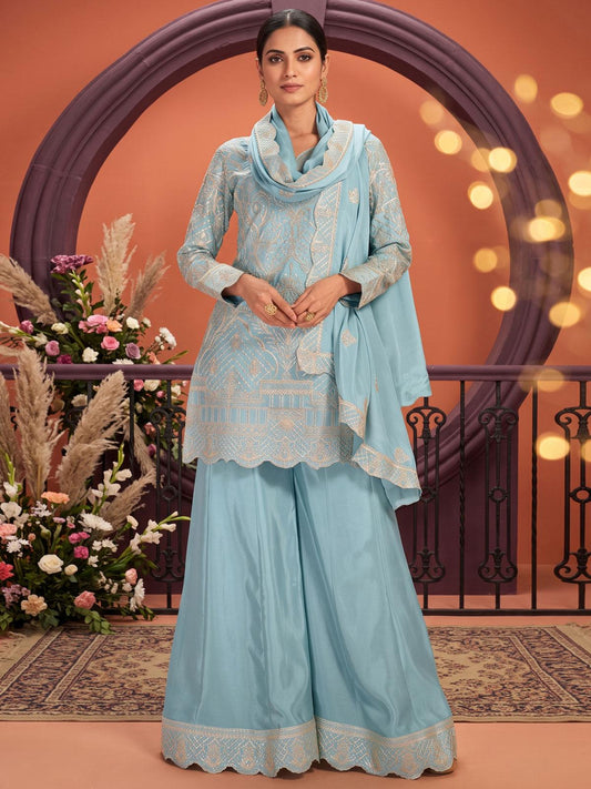 Sku Blue Chinon Ribbon Work Palazzo Suit