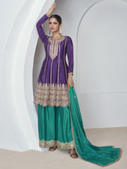 Purple & Green Premium Chinnon Silk Palazzo Suit