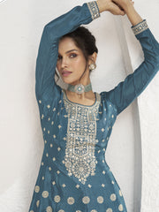 Turquoise Sequence Embroidery Anarkali Style Palazzo Suit