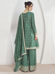 Green Embroidered Chinnon Festive Palazzo Suit