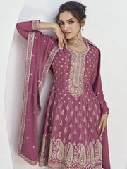 Incredible Pink Embroidered Chinnon Festive Palazzo Suit