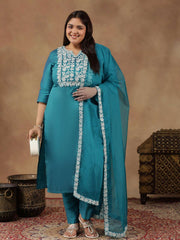 Plus Size Floral Yoke Design Thread Work Straight Kurta With Trouser & Dupatta