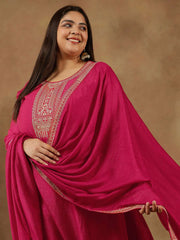 Plus Size Ethnic Motifs Embroidered Thread Work Kurta Trousers & With Dupatta